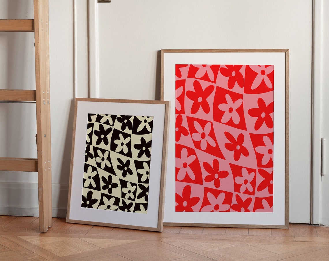 Pink and Red Groovy Flower Checkerboard Pattern Retro Floral Wall Art