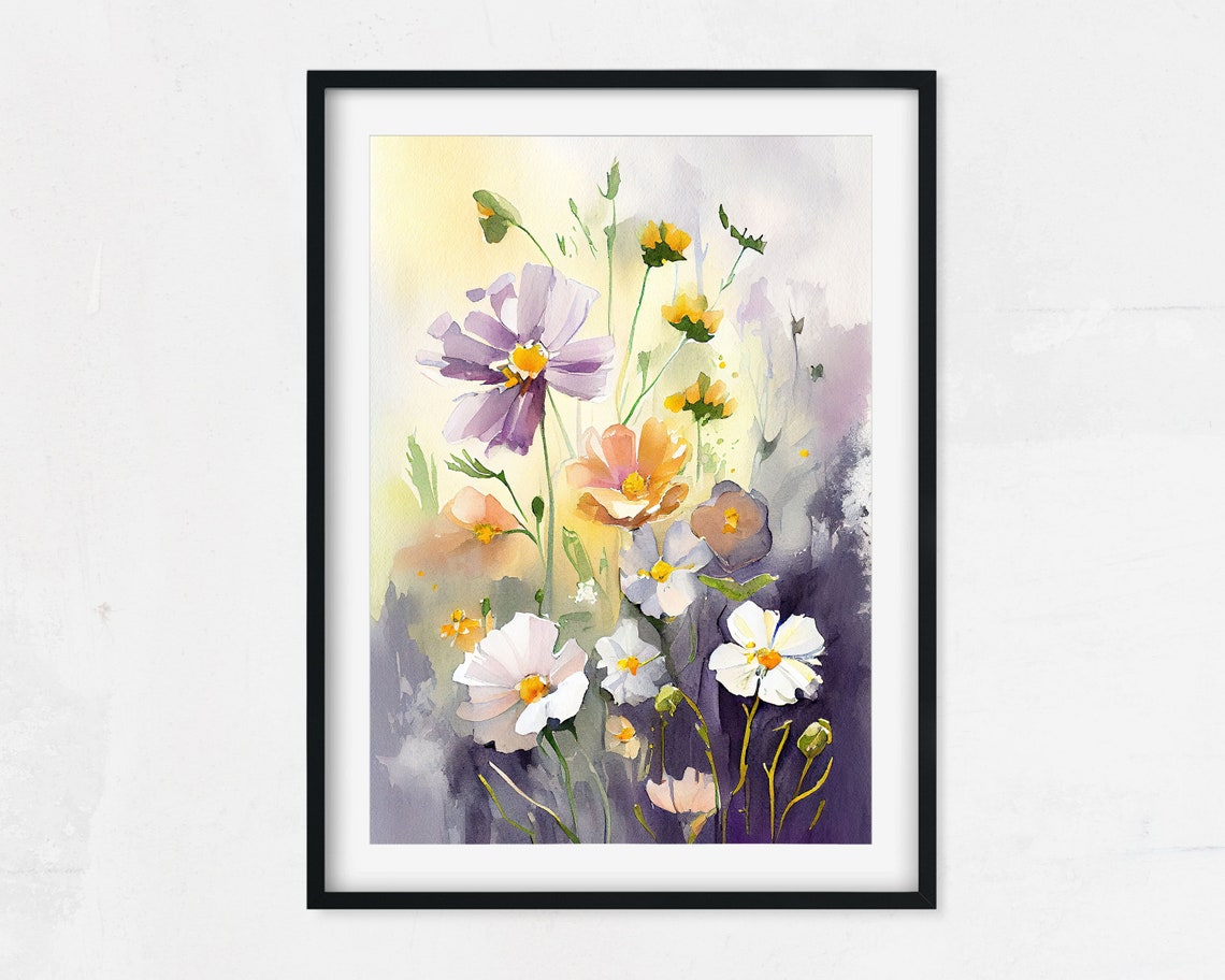 Watercolor Wildflower Meadow Cosmos Soft Botanical Art Poster - Image 2
