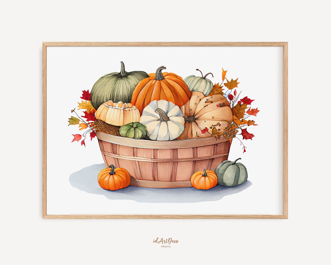 Autumn Pumpkin Basket Watercolor Fall Harvest Still Life Poster