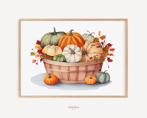 Autumn Pumpkin Basket Watercolor Fall Harvest Still Life Poster