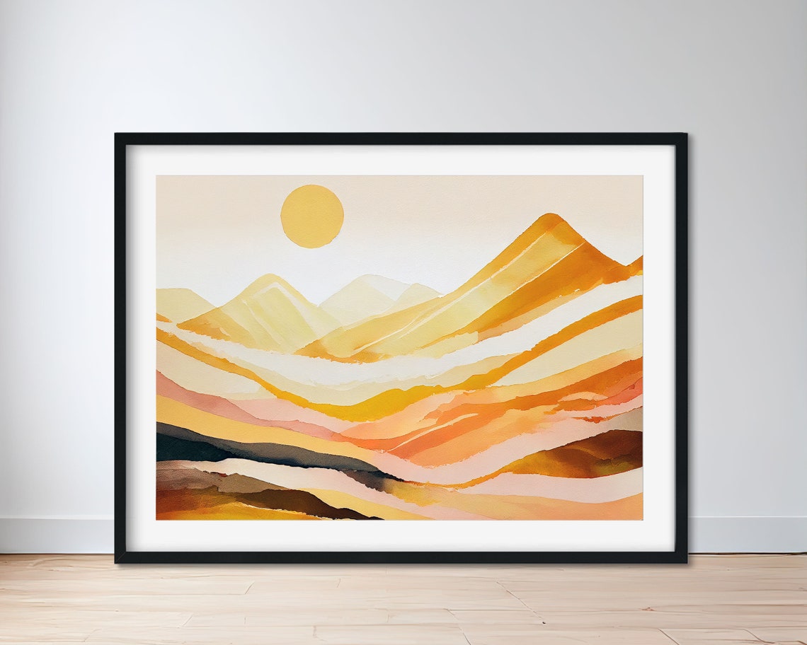 Golden Sun Abstract Terraced Mountain Landscape Watercolor Poster - Image 3