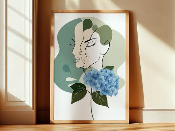 Hydrangea Print Artwork Picasso Style Wall Art Sage Green Bathroom Decor Poster Line Drawing Graphic Illustration 243