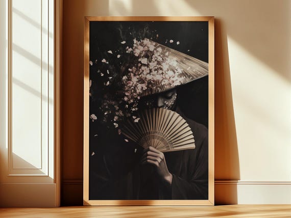 Conical Hat Art Print Japanese Fan Wall Art Dark Moody Floral Bedroom Decor Japandi Style Painting Pastel Pink Petal Artwork 225