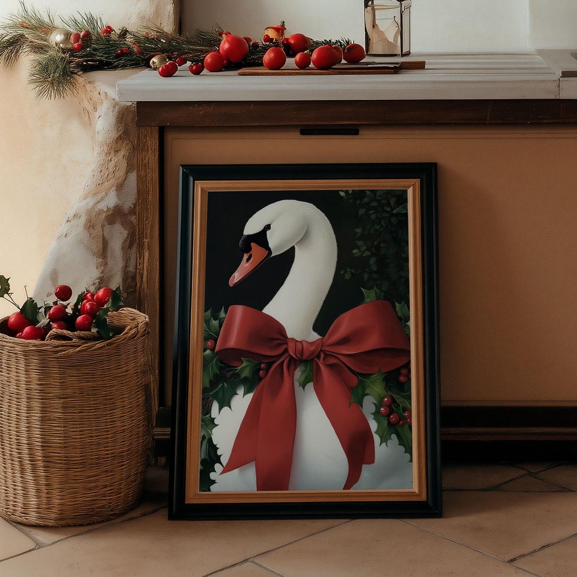 White Swan Wearing Giant Red Satin Bow With Holly Christmas Art Poster - Image 5