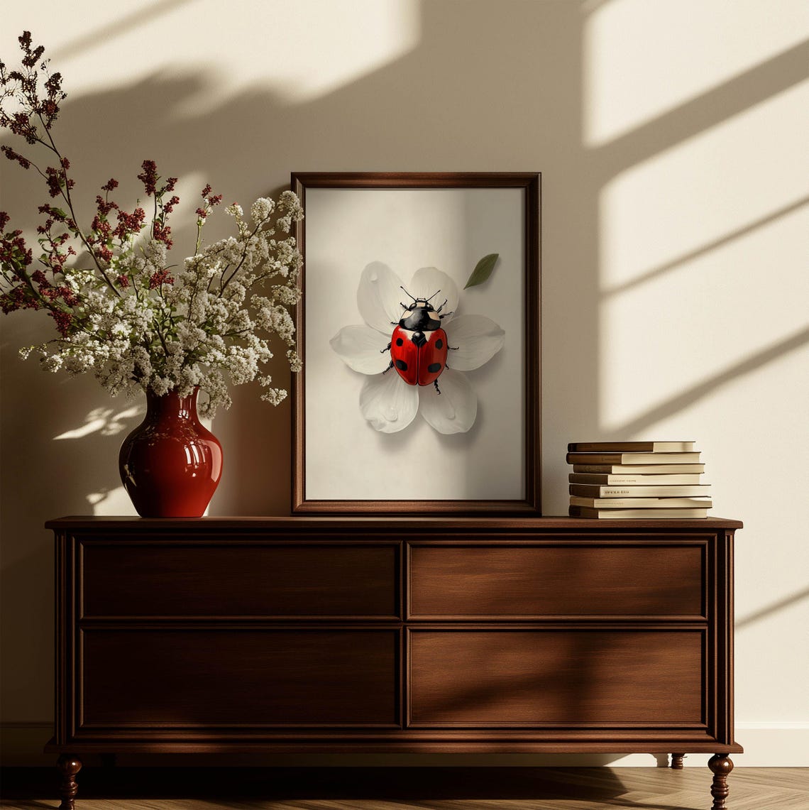 Red Ladybug on White Flower Macro Minimalist Nature Wall Poster - Image 2