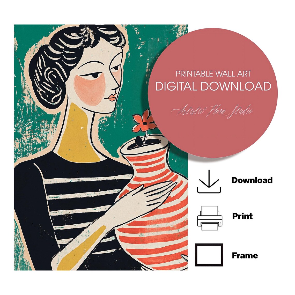 Woman In Breton Stripe Top Holding Coral Striped Flower Vase Poster - Image 3