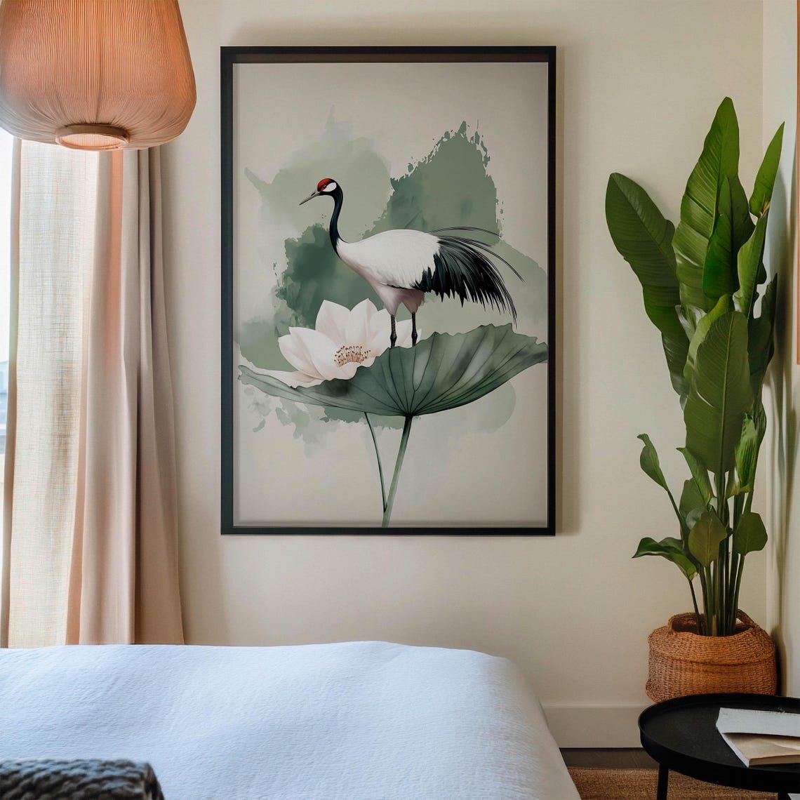 Red Crowned Crane on Lotus Japanese Watercolor Style Art Poster - Image 3