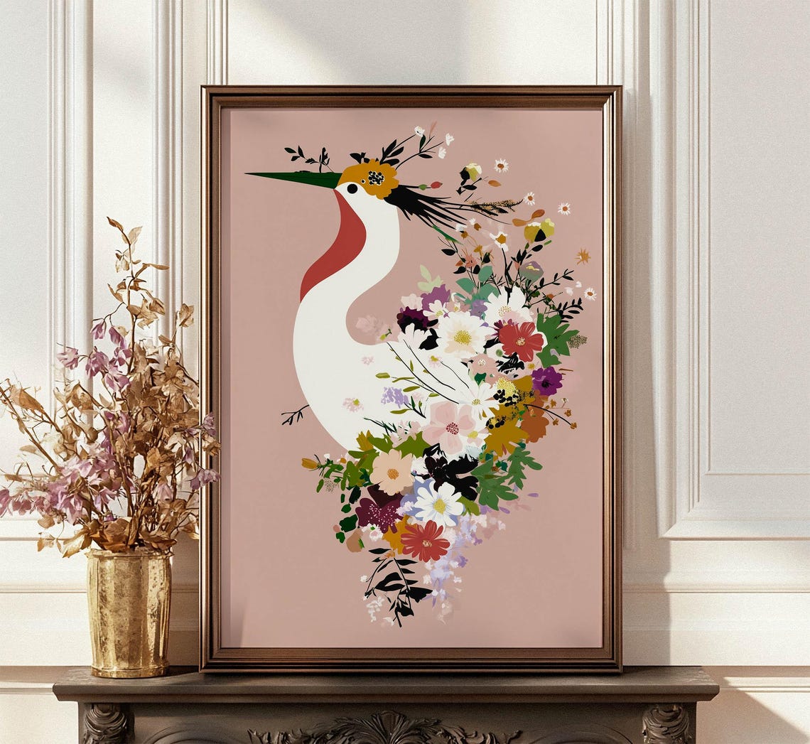 Crane Floral Silhouette Bouquet Pink Background Bird Art Poster - Image 3