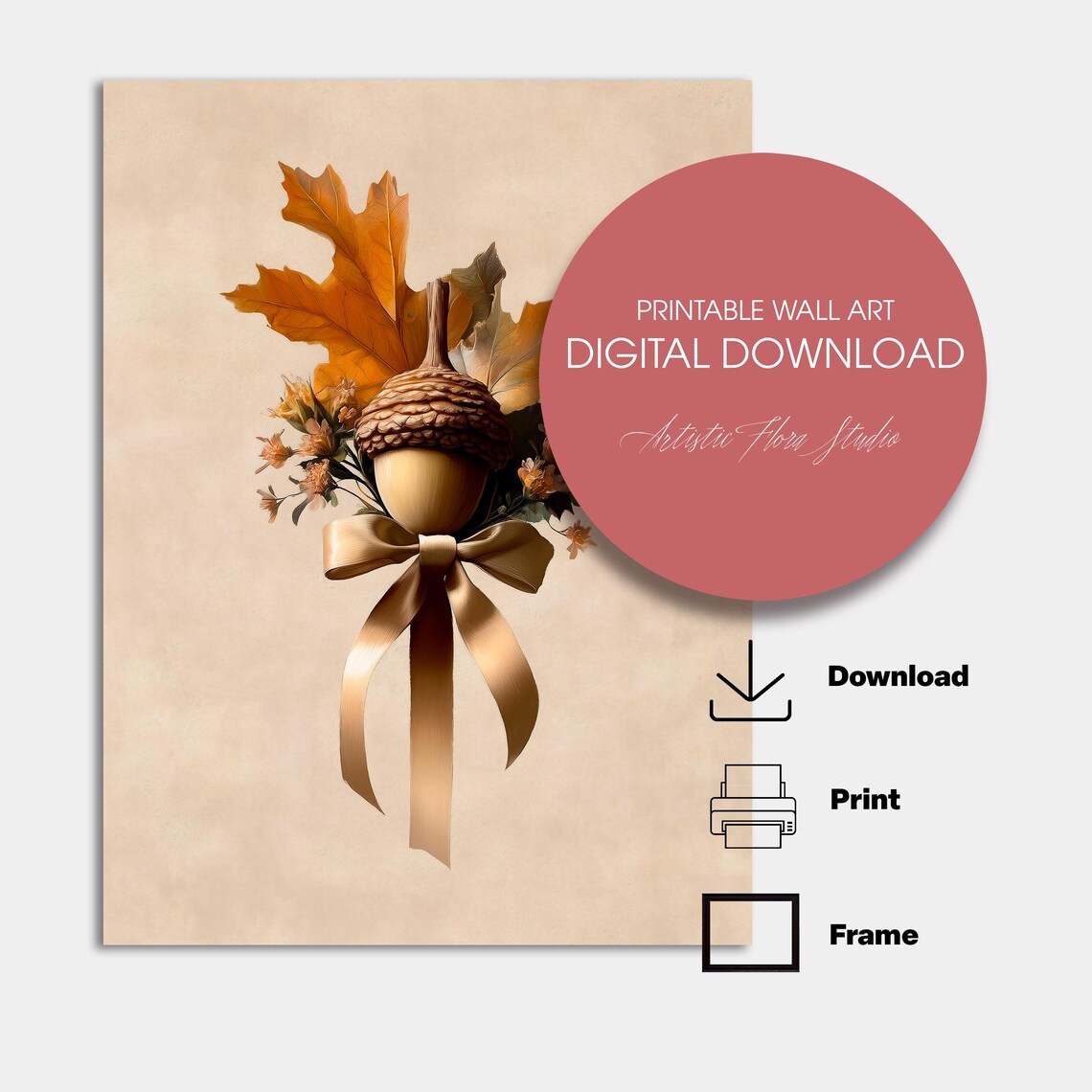 Acorn With Gold Satin Bow Dried Flowers And Maple Leaves Art Poster - Image 2