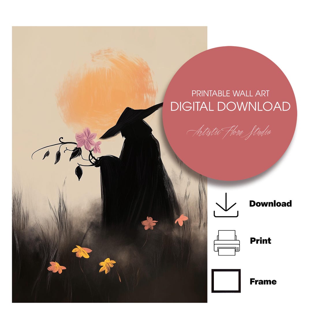 Witch Silhouette Harvest Moon Wildflower Dark Autumn Art Poster - Image 3