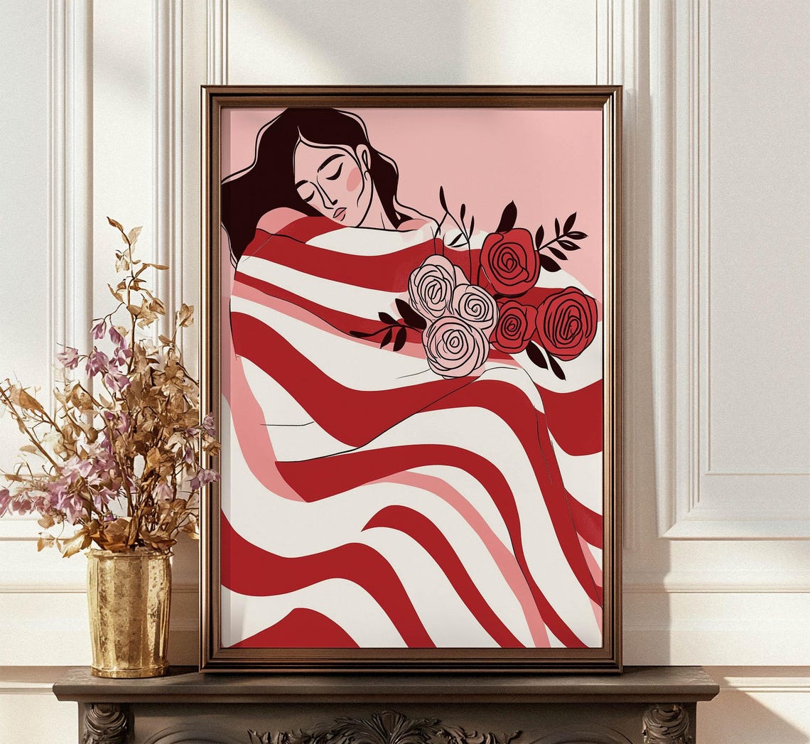 Sleeping Woman Red Striped Blanket Roses Romantic Art Poster - Image 4