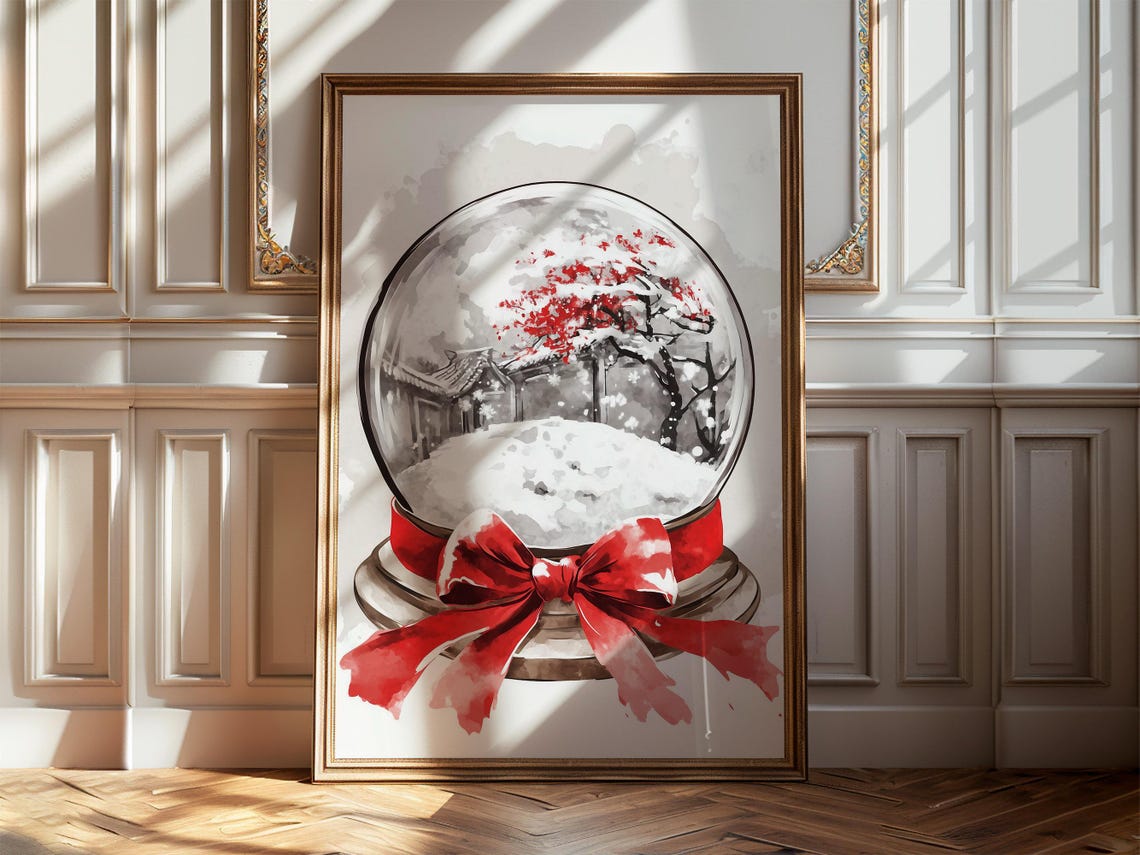 Red Bow Snow Globe With Japanese Pagoda Winter Scene Art Poster