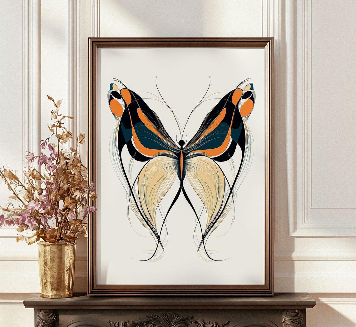 Abstract Butterfly Line Art Orange Teal Minimalist Modern Decor Poster - Image 4