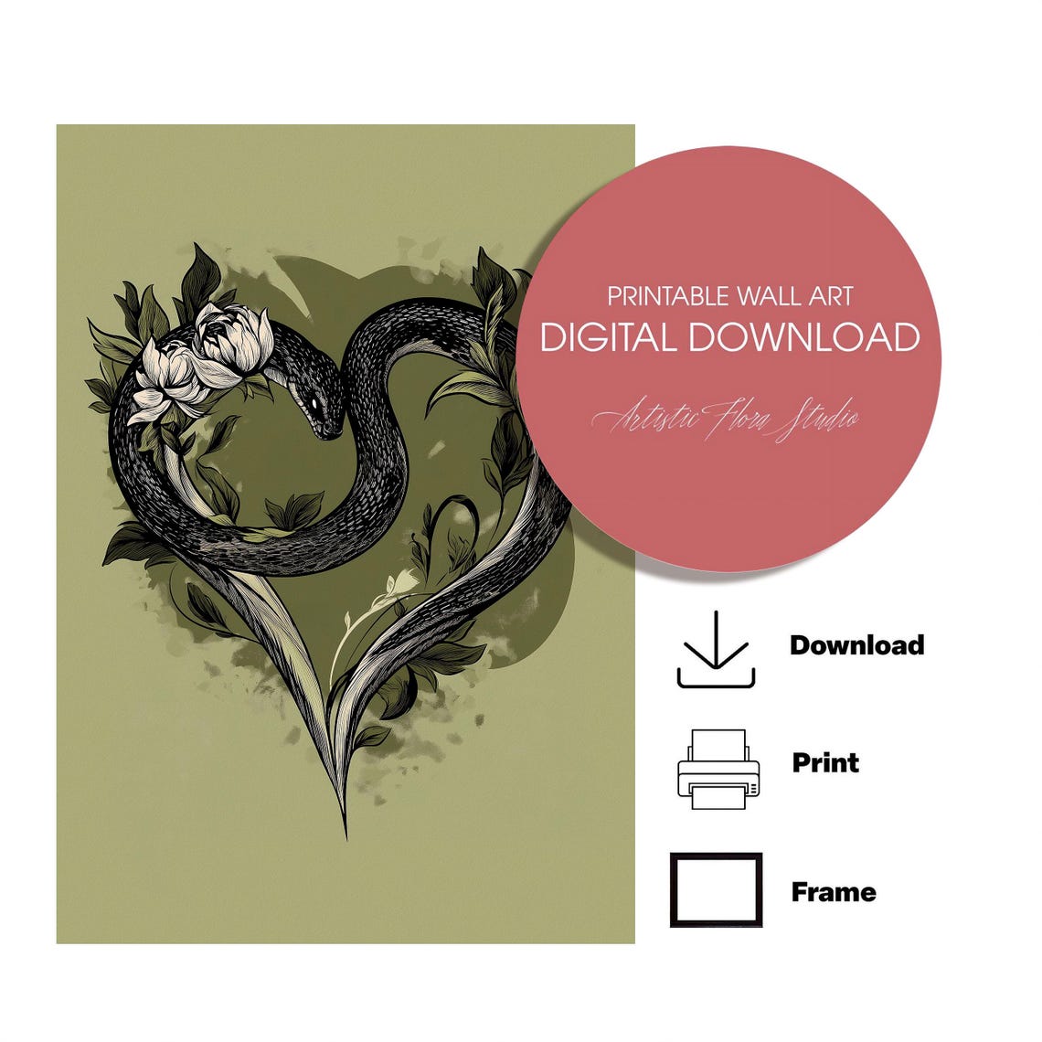 Black Snake Heart Coiled Peony Flowers Sage Green Decor Poster - Image 3