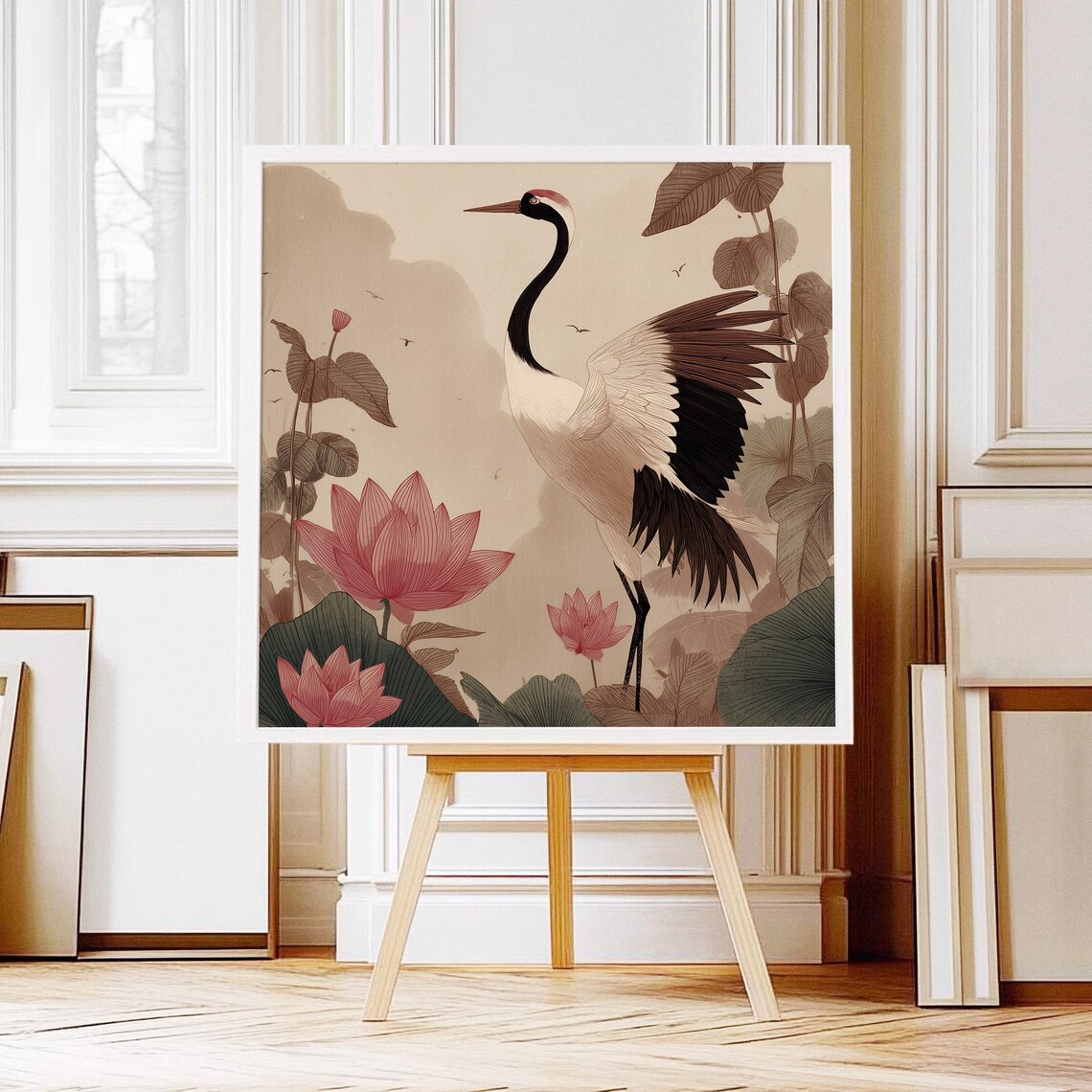Modern Botanical Crane Art Print Pink Beige Wall Decor 11 Format