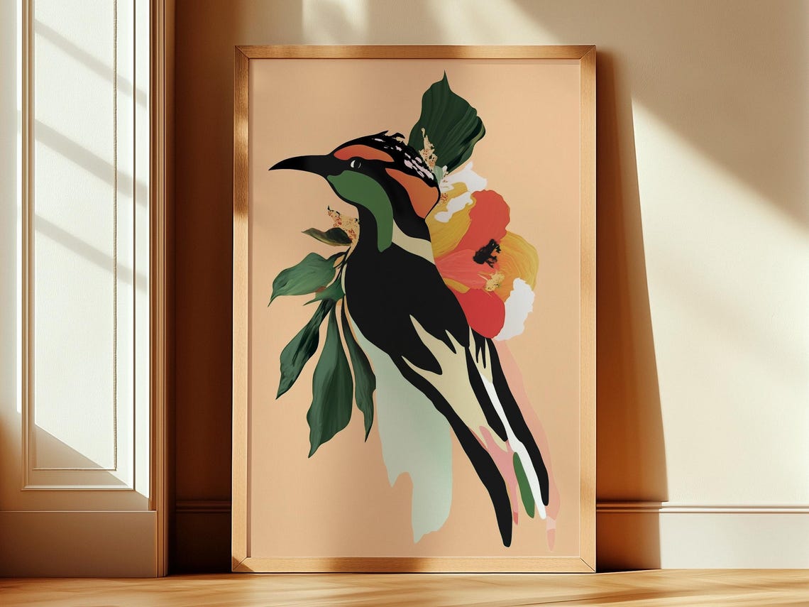 Colorful Tropical Bird Floral Geometric Abstract Statement Poster