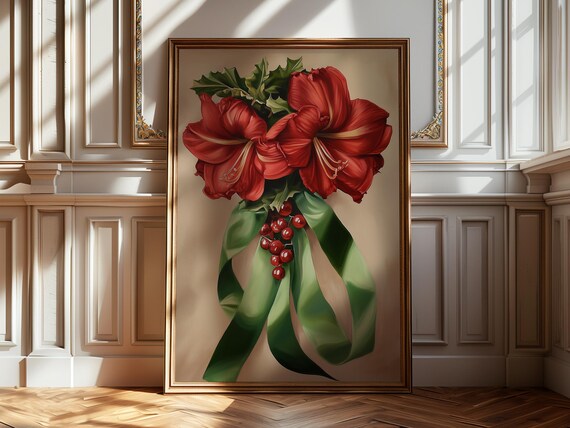 Red Amaryllis Bouquet With Holly Berries And Green Ribbons Poster