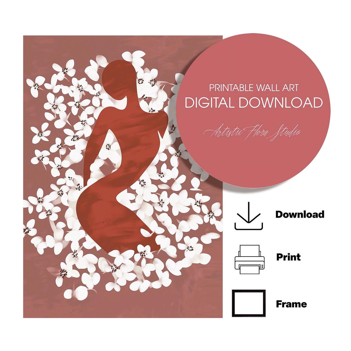 Red Woman Silhouette Surrounded By White Blossoms Dusty Rose Poster - Image 2