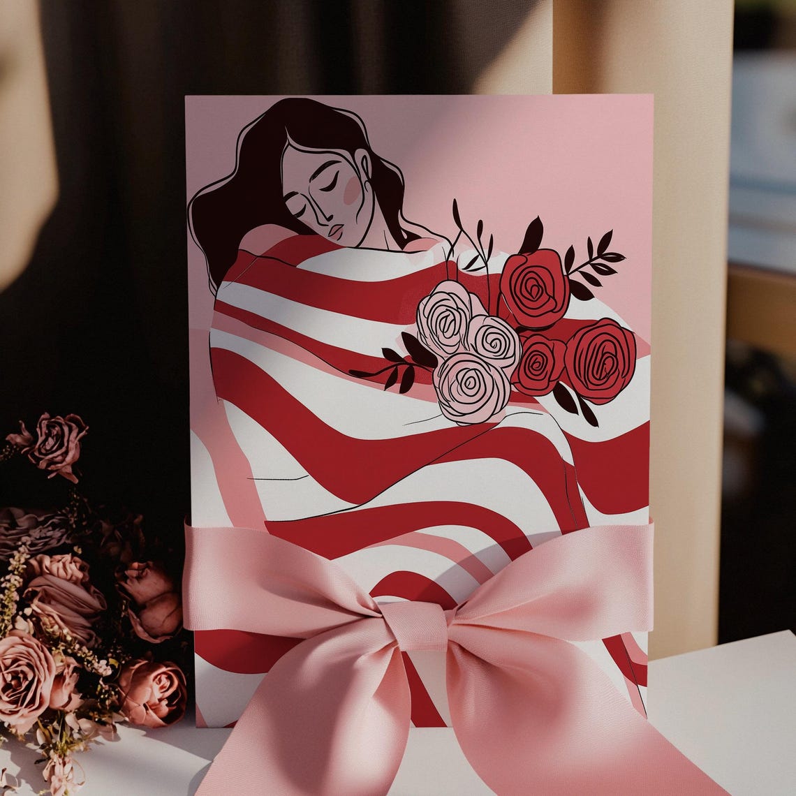 Sleeping Woman Red Striped Blanket Roses Romantic Art Poster - Image 3