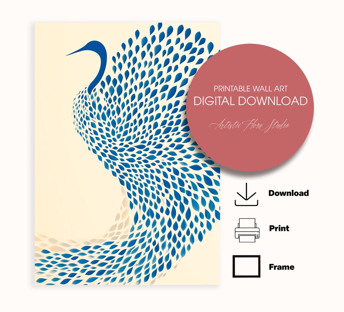 Blue Dotted Egret Petal Design Japandi Minimalist Art Poster - Image 3
