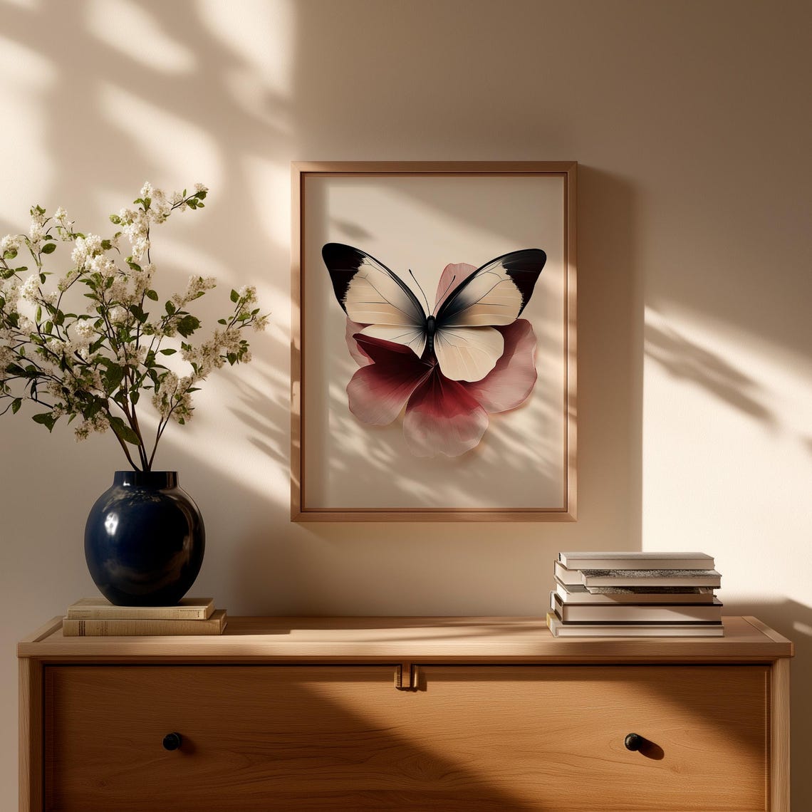 White Butterfly Burgundy Petals Minimalist Insect Art Poster - Image 4