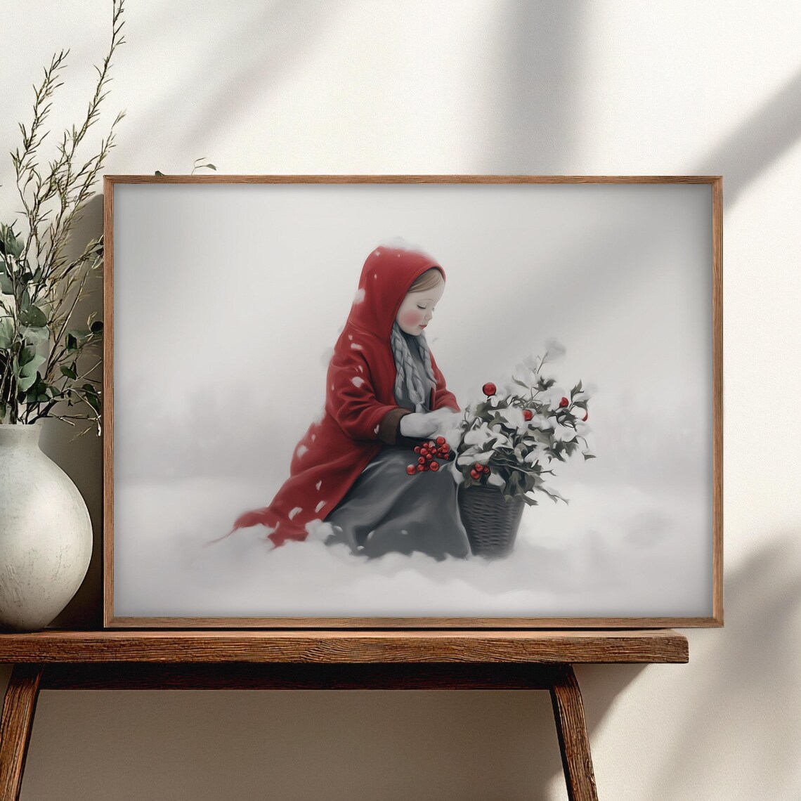 Girl In Red Hooded Cape Gathering Winterberries In Snow Painting Poster - Image 5