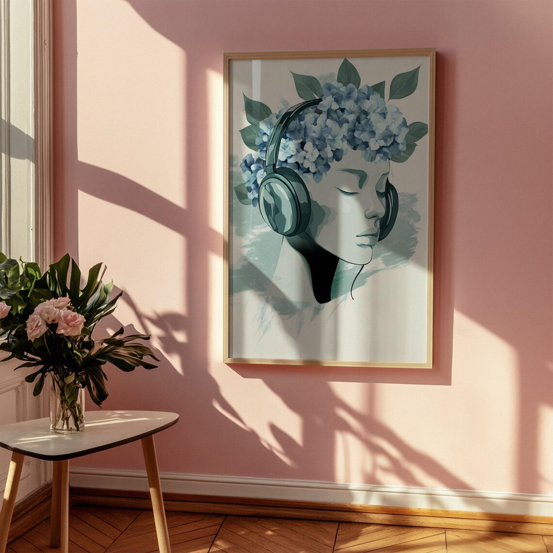 Woman with Headphones and Blue Hydrangeas Music Lover Art Poster - Image 3