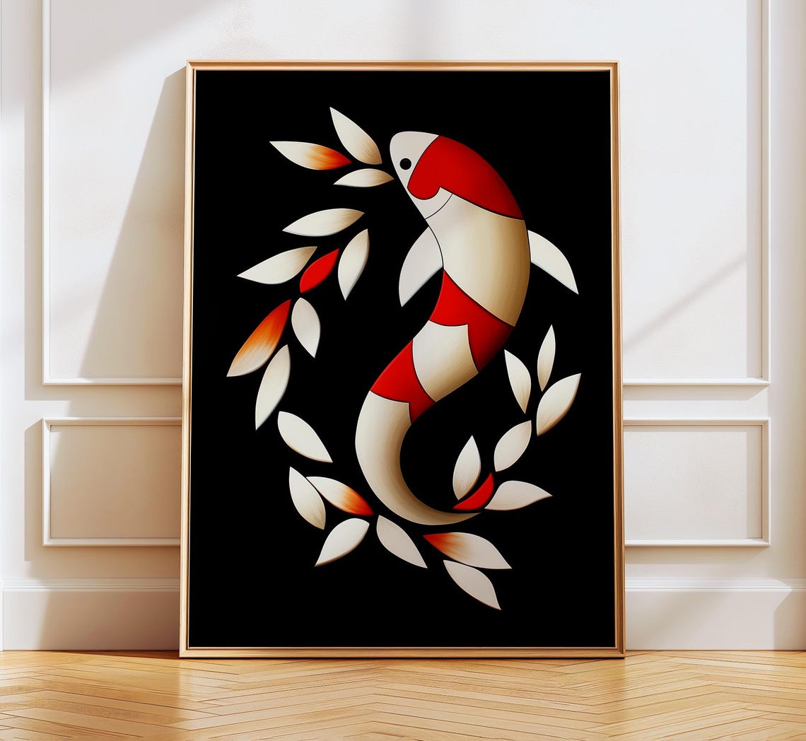 Abstract Koi Fish Minimalist Japanese Red White Black Art Poster