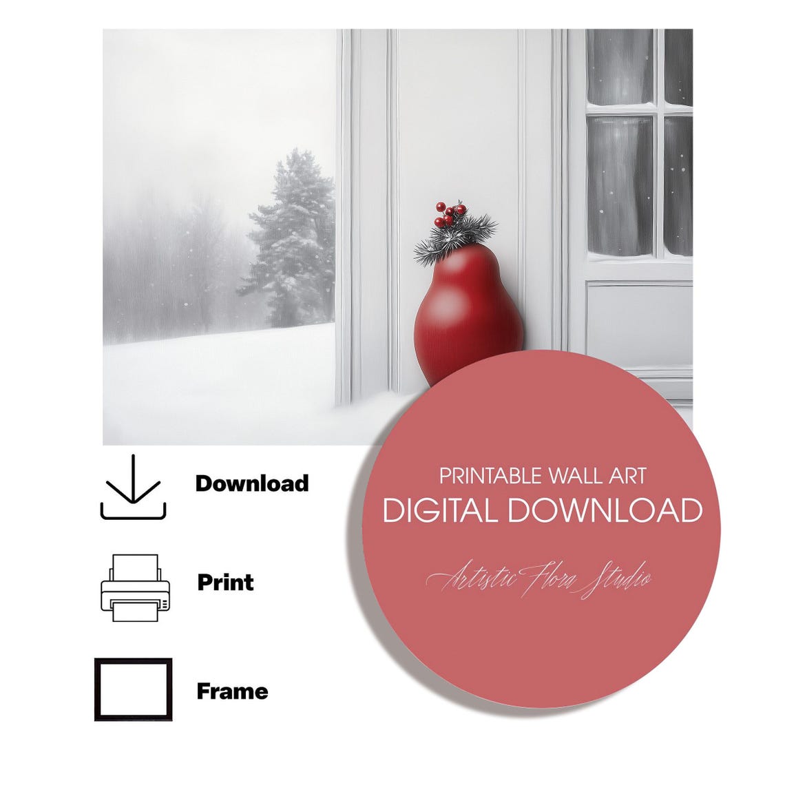 Red Matryoshka Doll Snowing Windowsill Winter Scene Painting Poster - Image 4