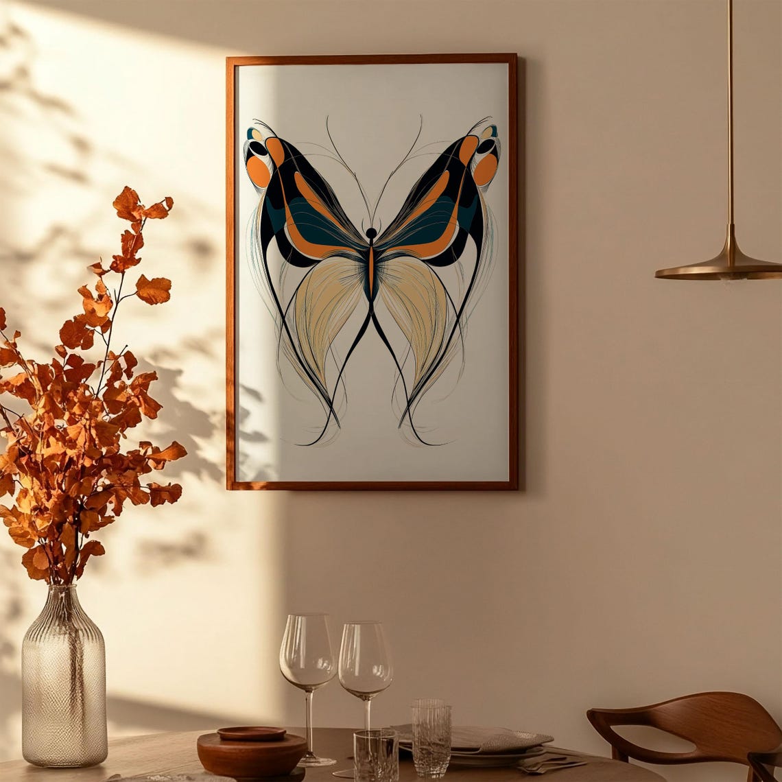 Abstract Butterfly Line Art Orange Teal Minimalist Modern Decor Poster - Image 3
