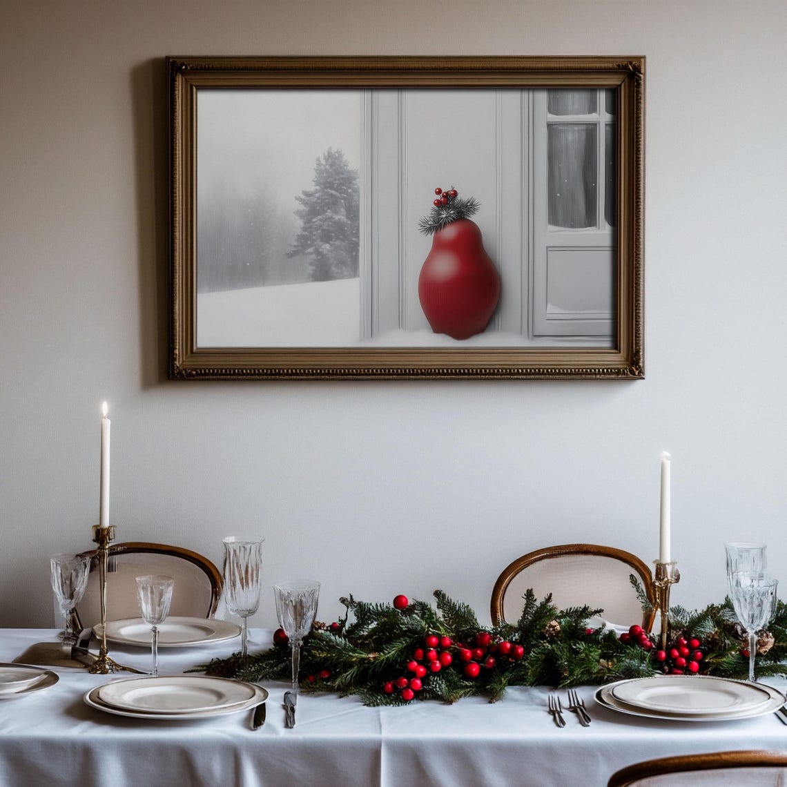 Red Matryoshka Doll Snowing Windowsill Winter Scene Painting Poster - Image 3