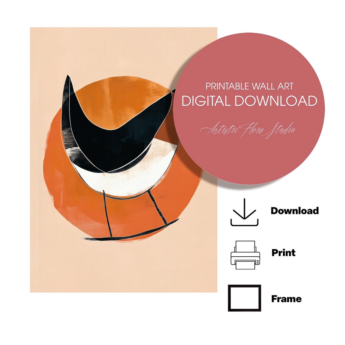 Geometric Swallow Bird Orange Sun Circle Mid Century Art Poster - Image 2