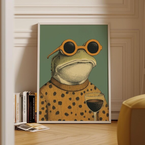 Sophisticated Frog in Sunglasses Sipping Wine Cool Animal Poster