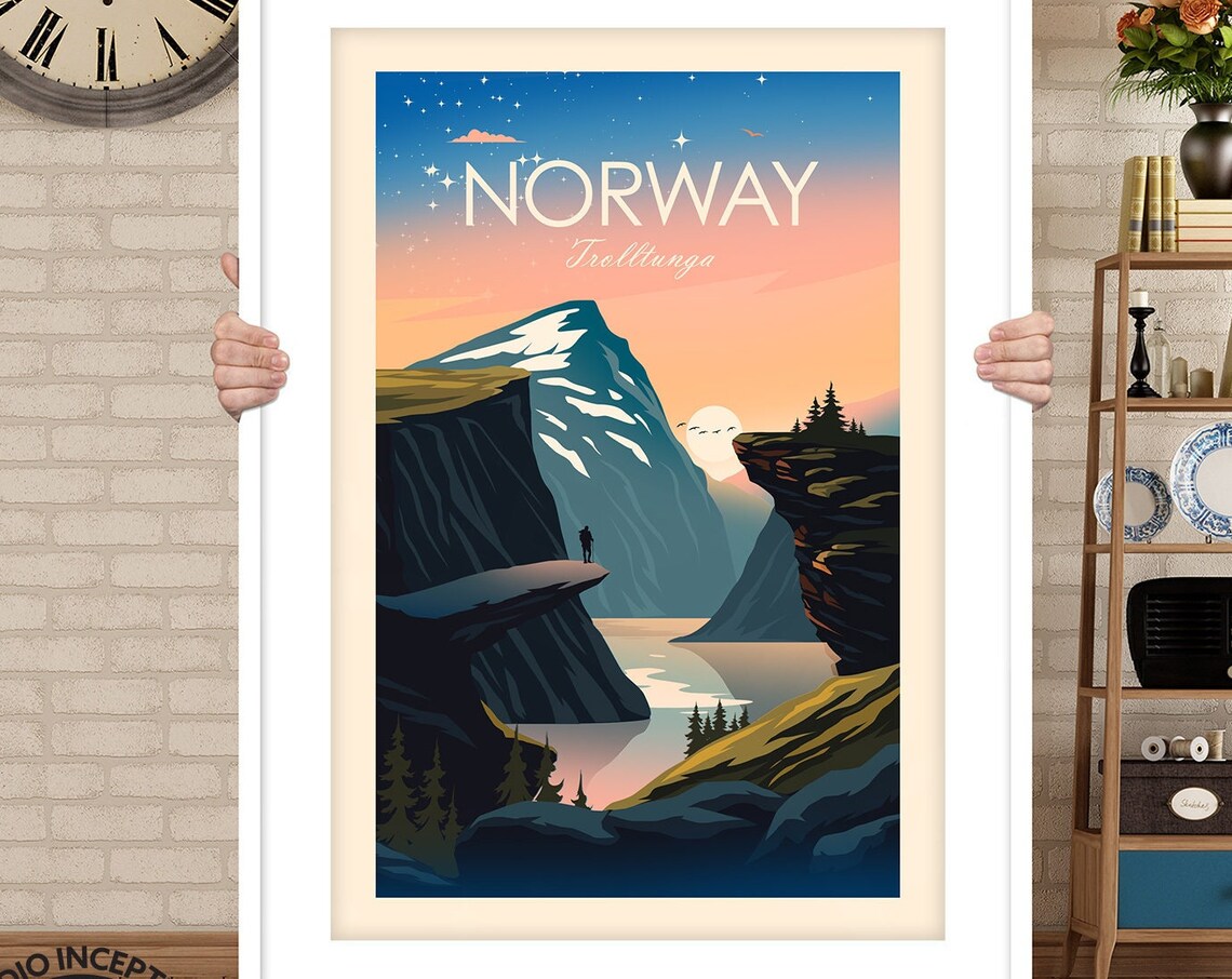 Norway Trolltunga Cliff Fjord Sunset Hiker Vintage Travel Poster - Image 3