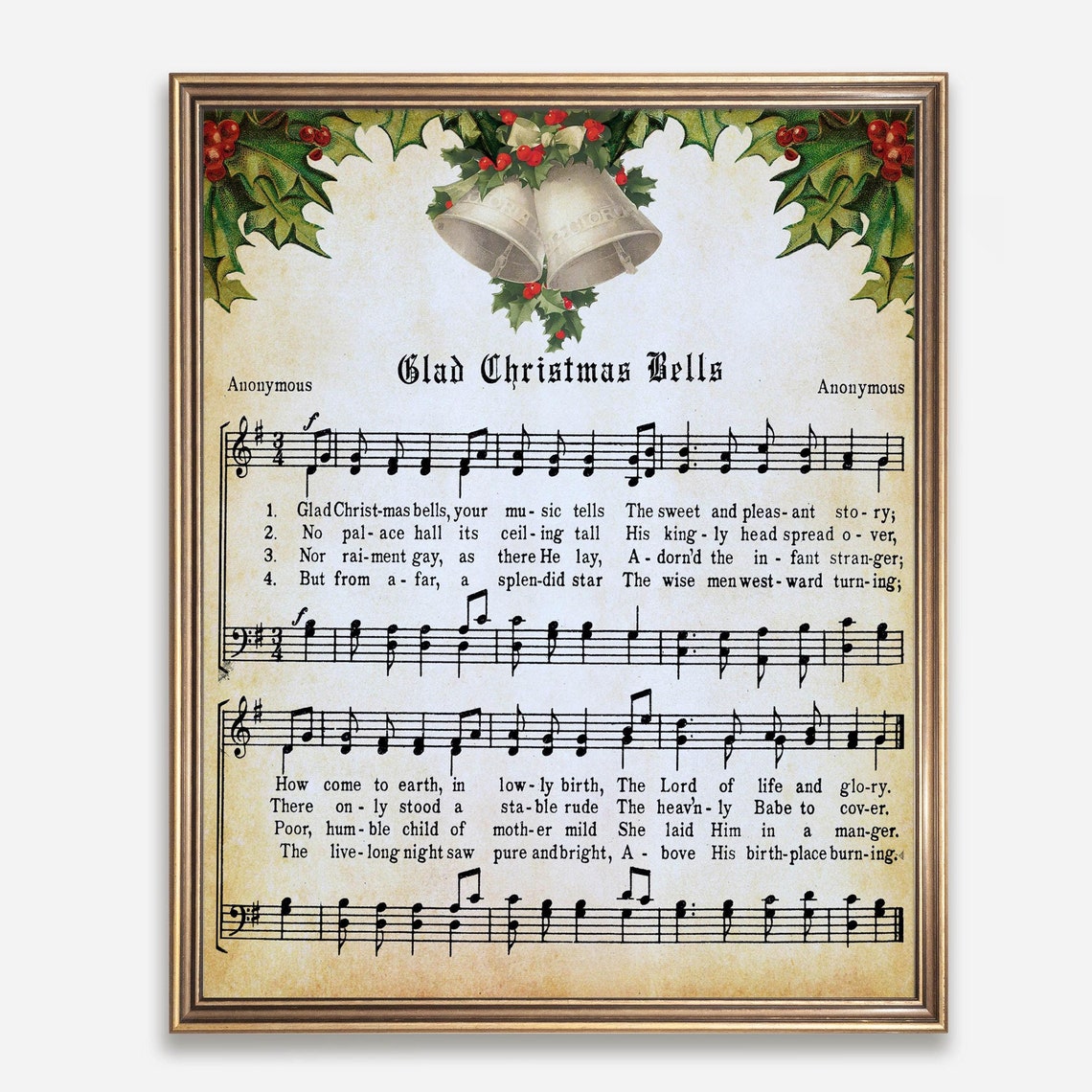 Glad Christmas Bells Vintage Hymn Sheet Music Antique Carol Poster
