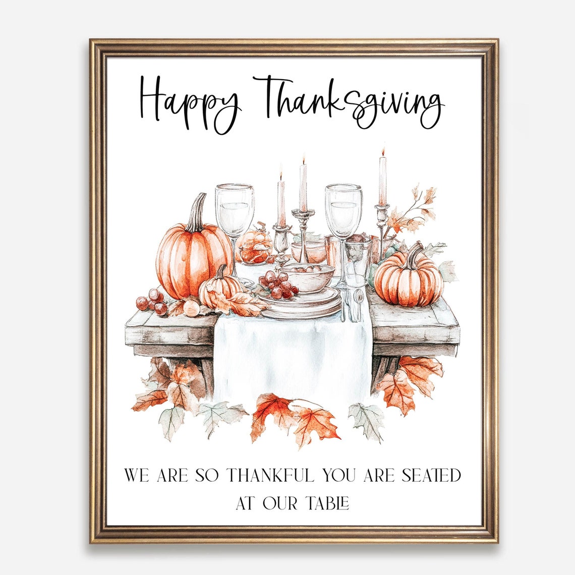 Happy Thanksgiving Watercolor Dinner Table Pumpkins Fall Leaves Poster