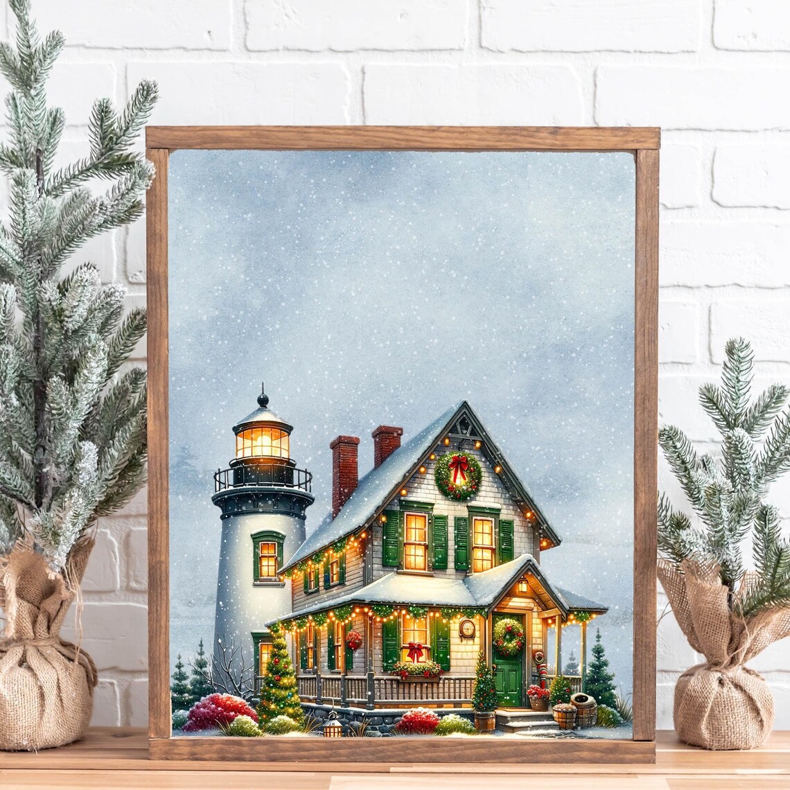 Winter Lighthouse Cottage Scene With Snow and Christmas Lights Poster