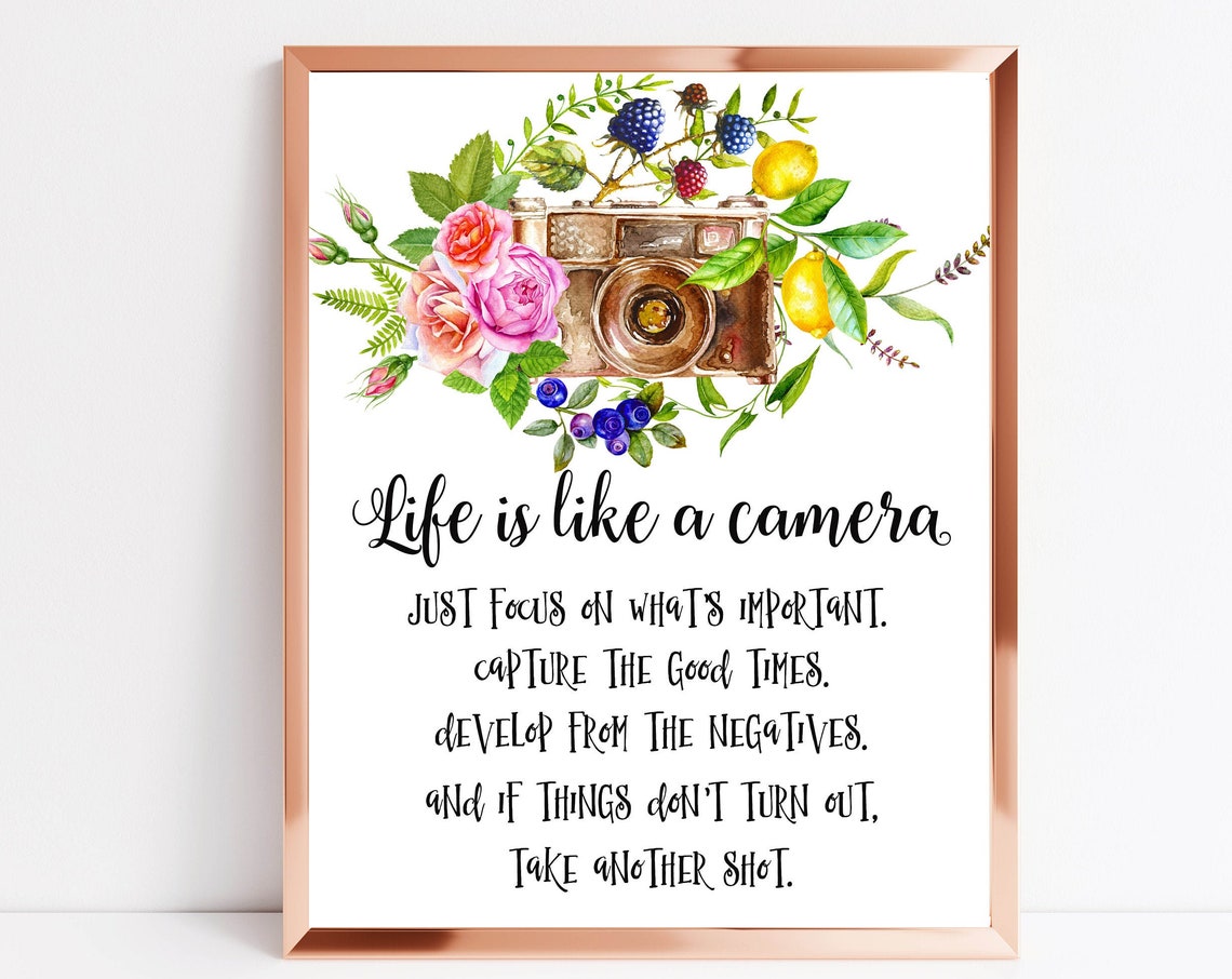 Life Is Like a Camera Inspirational Quote Vintage Camera Floral Poster