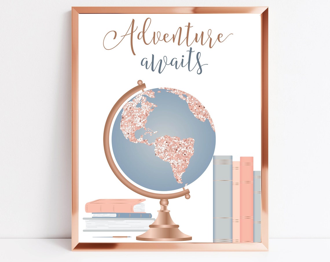 Adventure Awaits Rose Gold Glitter Globe Travel Teen Room Wall Art