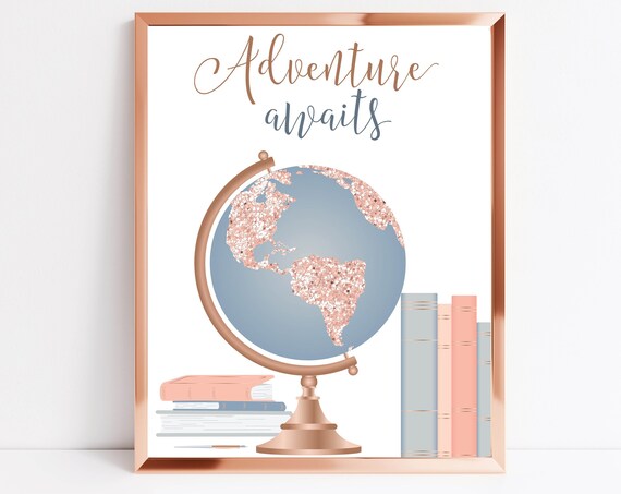 Adventure Awaits Rose Gold Glitter Globe Travel Teen Room Wall Art