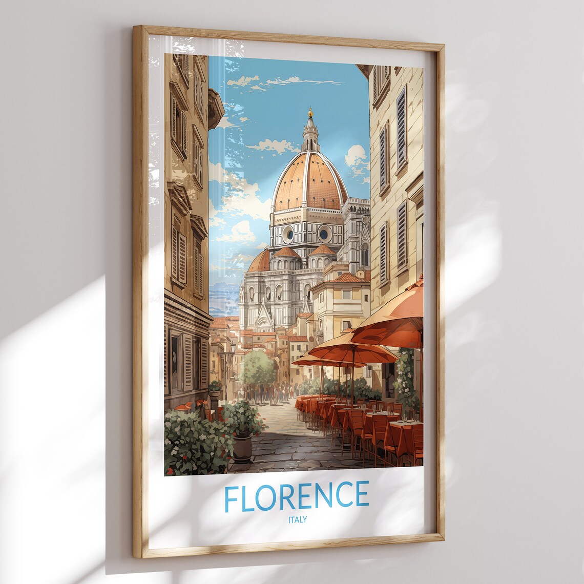 Florence Italy Duomo Street Cafe Umbrellas Scene View Travel Poster
