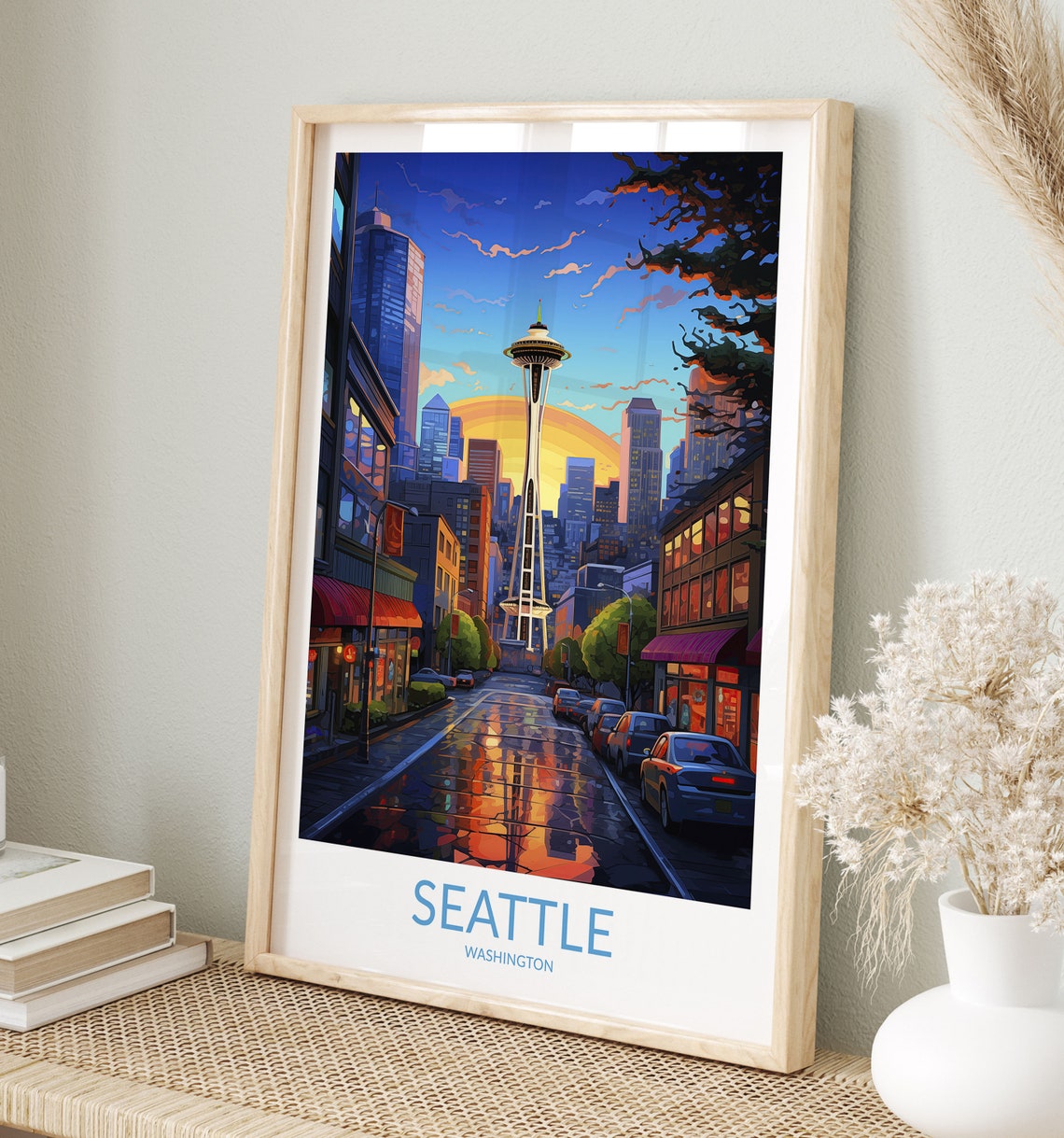Seattle Washington Space Needle Sunset Cityscape Travel Poster