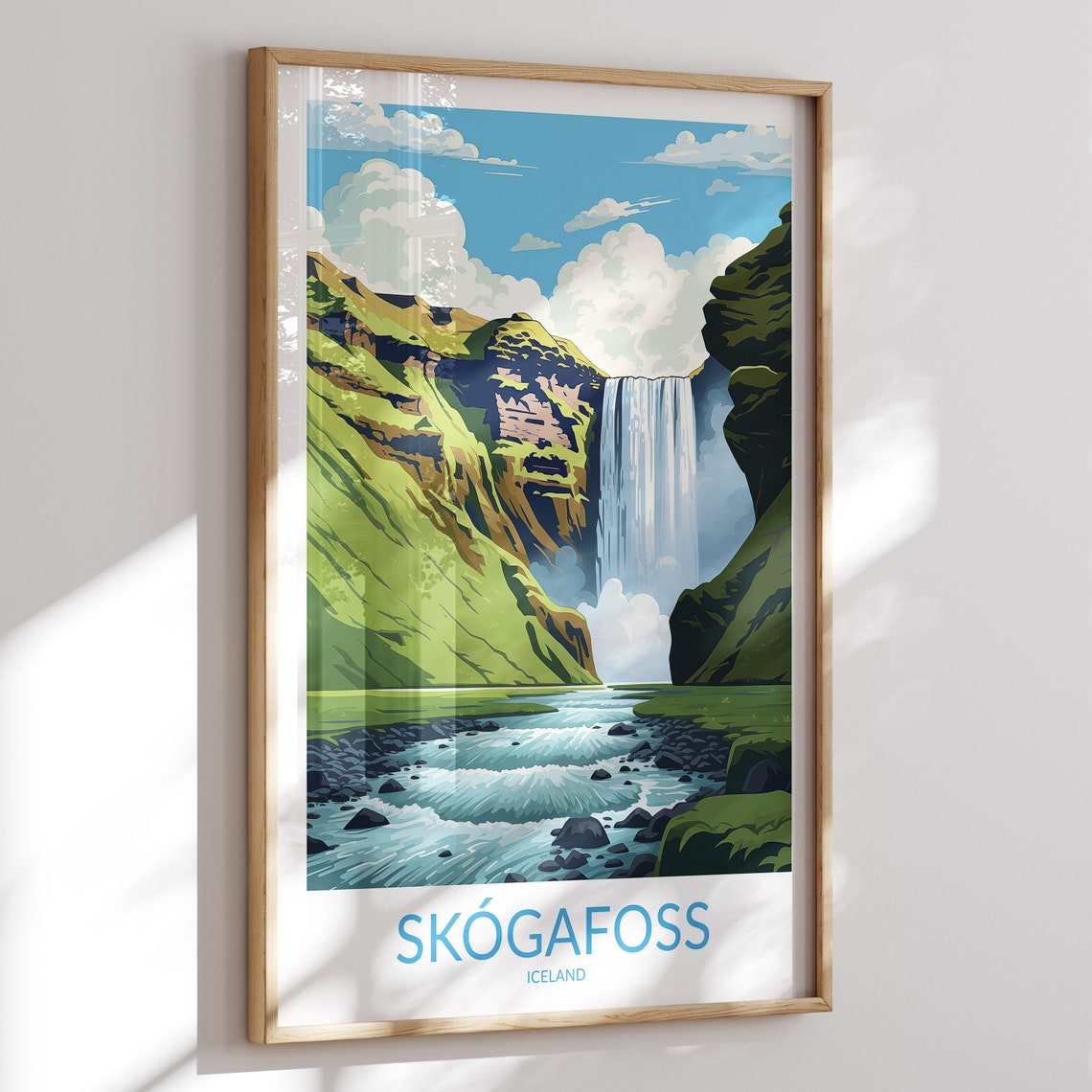 Skogafoss Iceland Tall Waterfall Cliff Green Hills Travel Poster