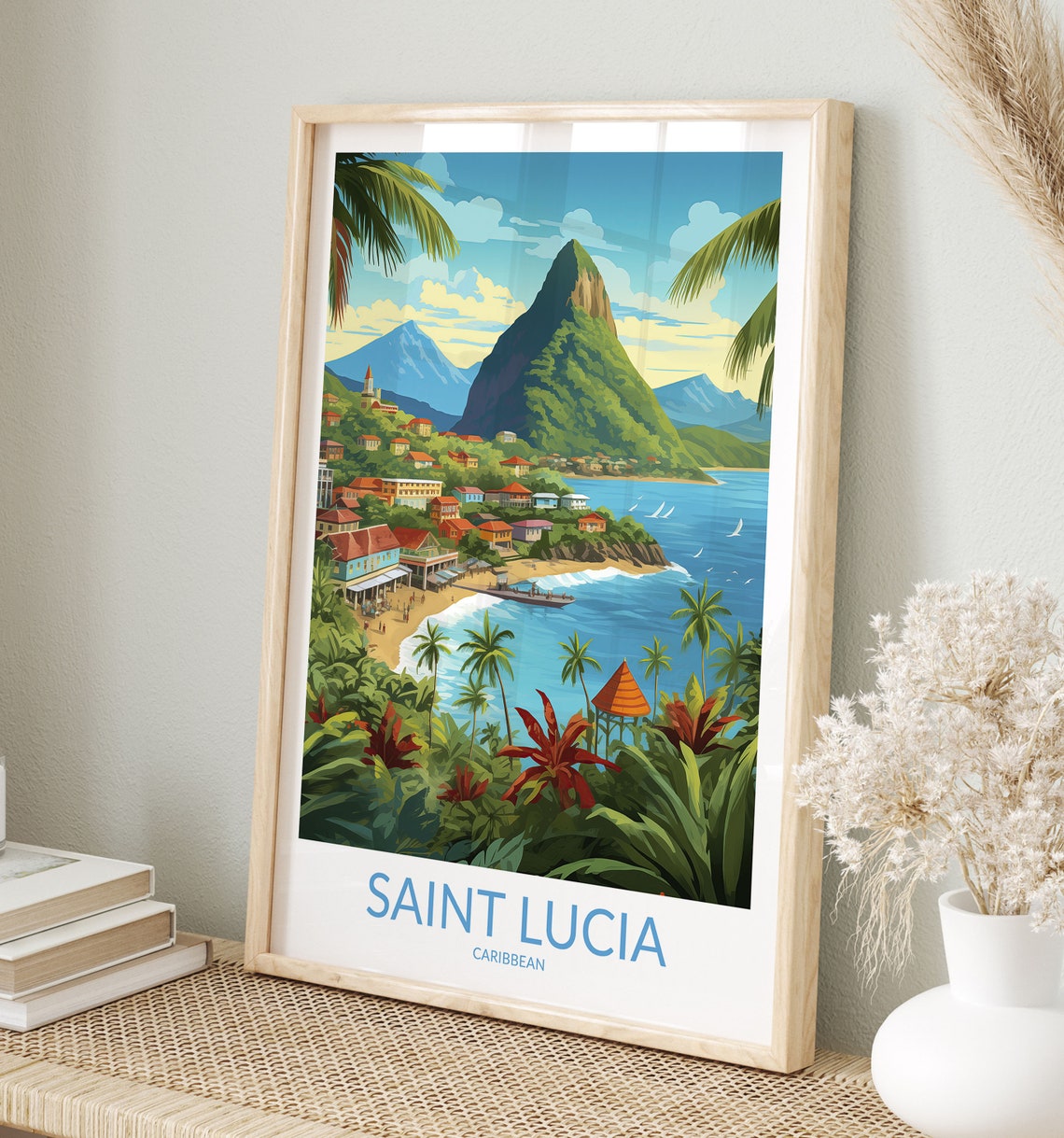Saint Lucia Caribbean Tropical Town Gros Piton Palm Beach Ocean Poster
