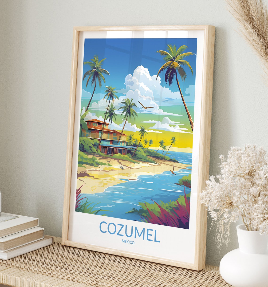 Cozumel Mexico Palm Trees Beachfront Sunset Coastline Travel Poster
