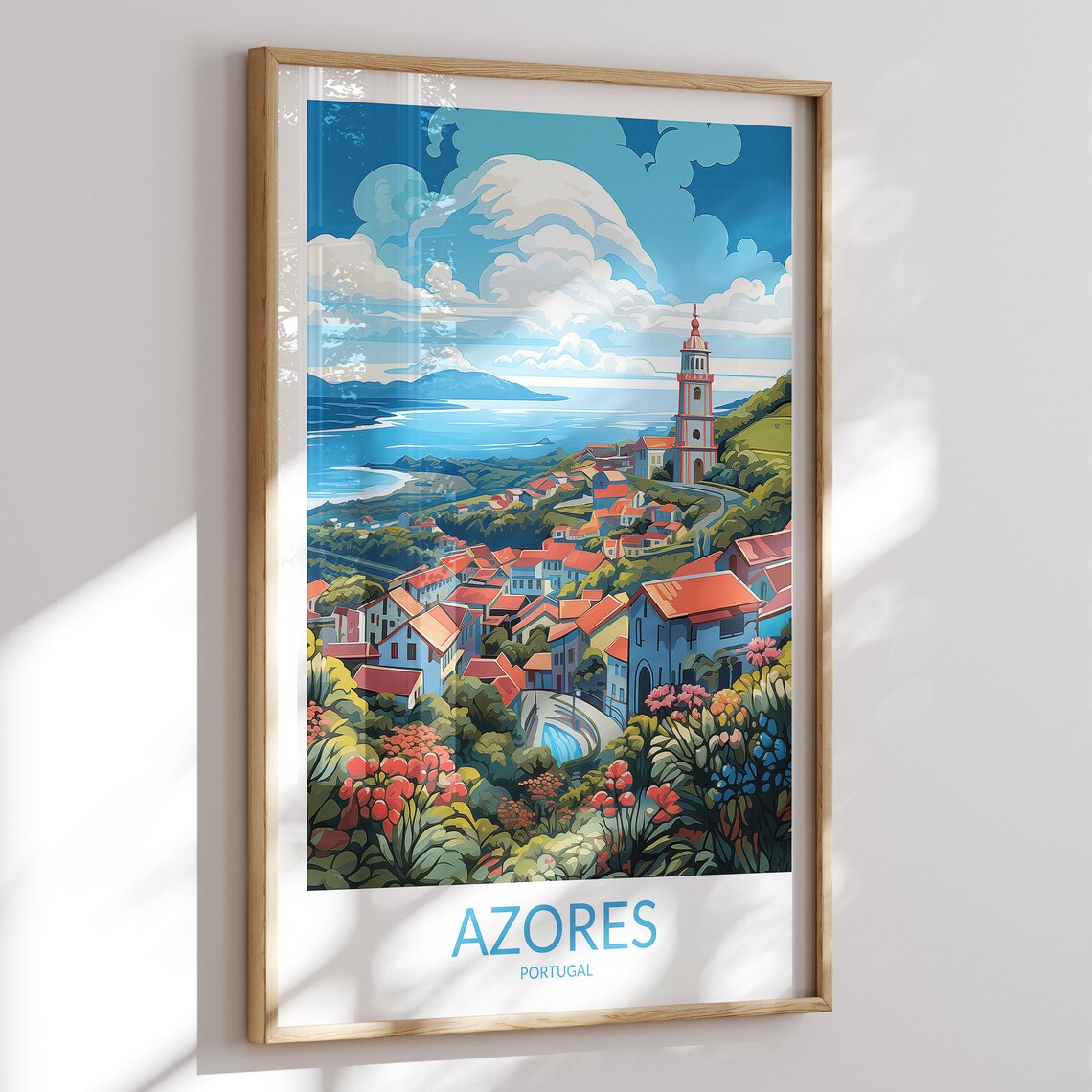 Azores Portugal Red Roof Village Bell Tower Ocean View Poster