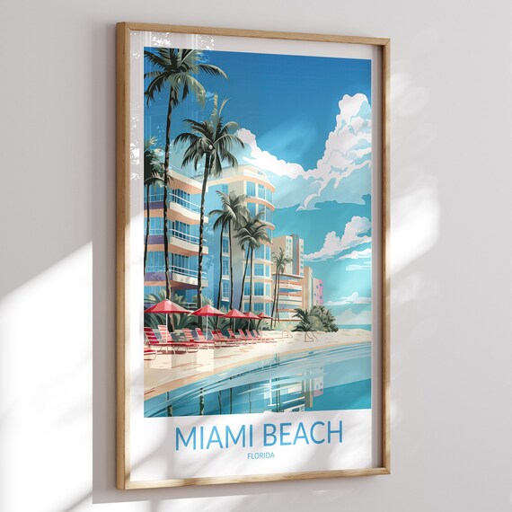 Miami Beach Florida Art Deco Hotel Red Umbrella Beach Poster