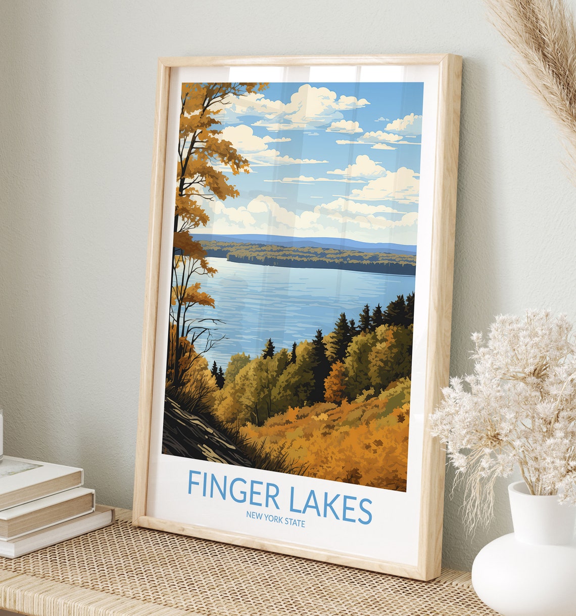 Finger Lakes New York State Autumn Shore Landscape Scene Poster