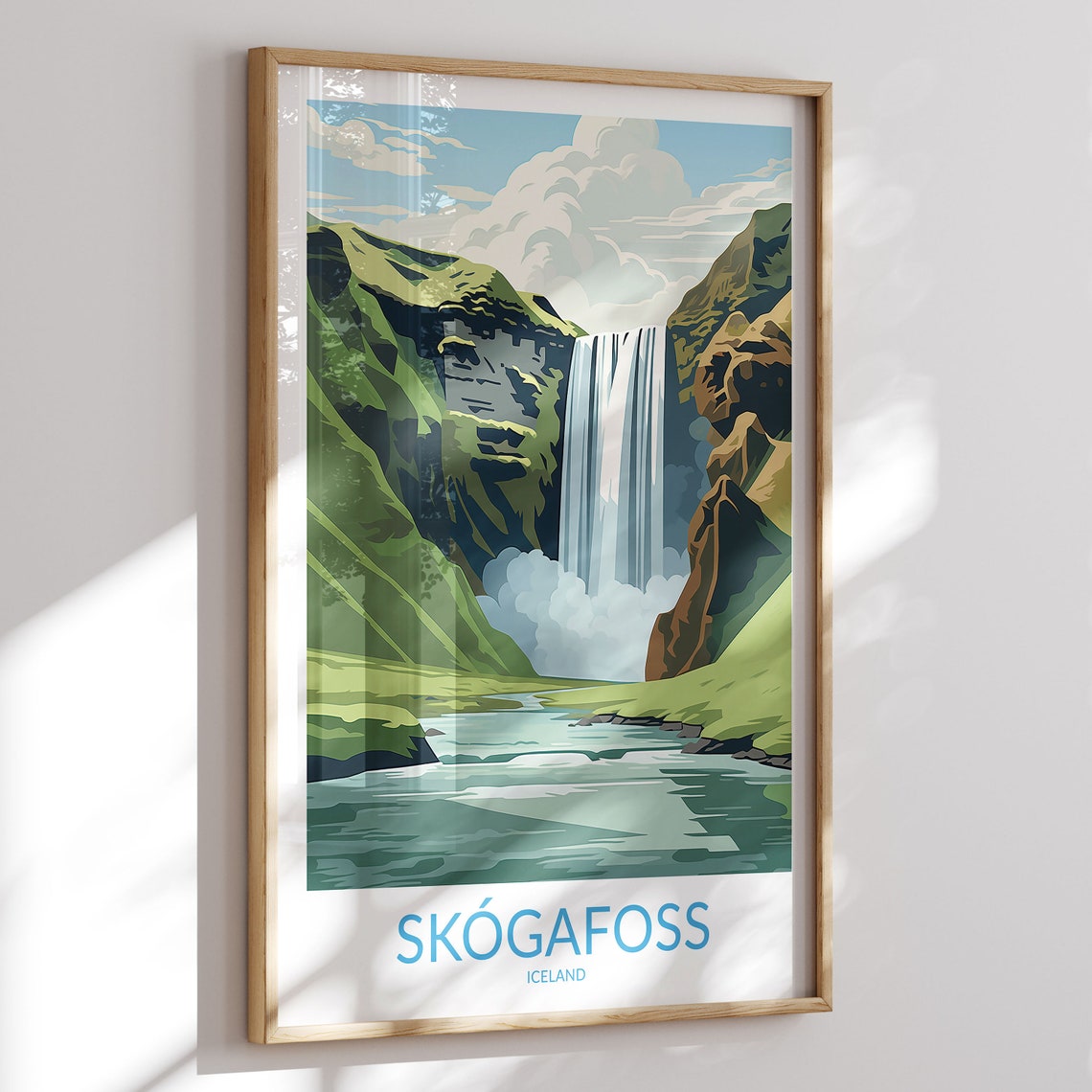 Skogafoss Waterfall Iceland Misty Blue Night Scene Travel Poster