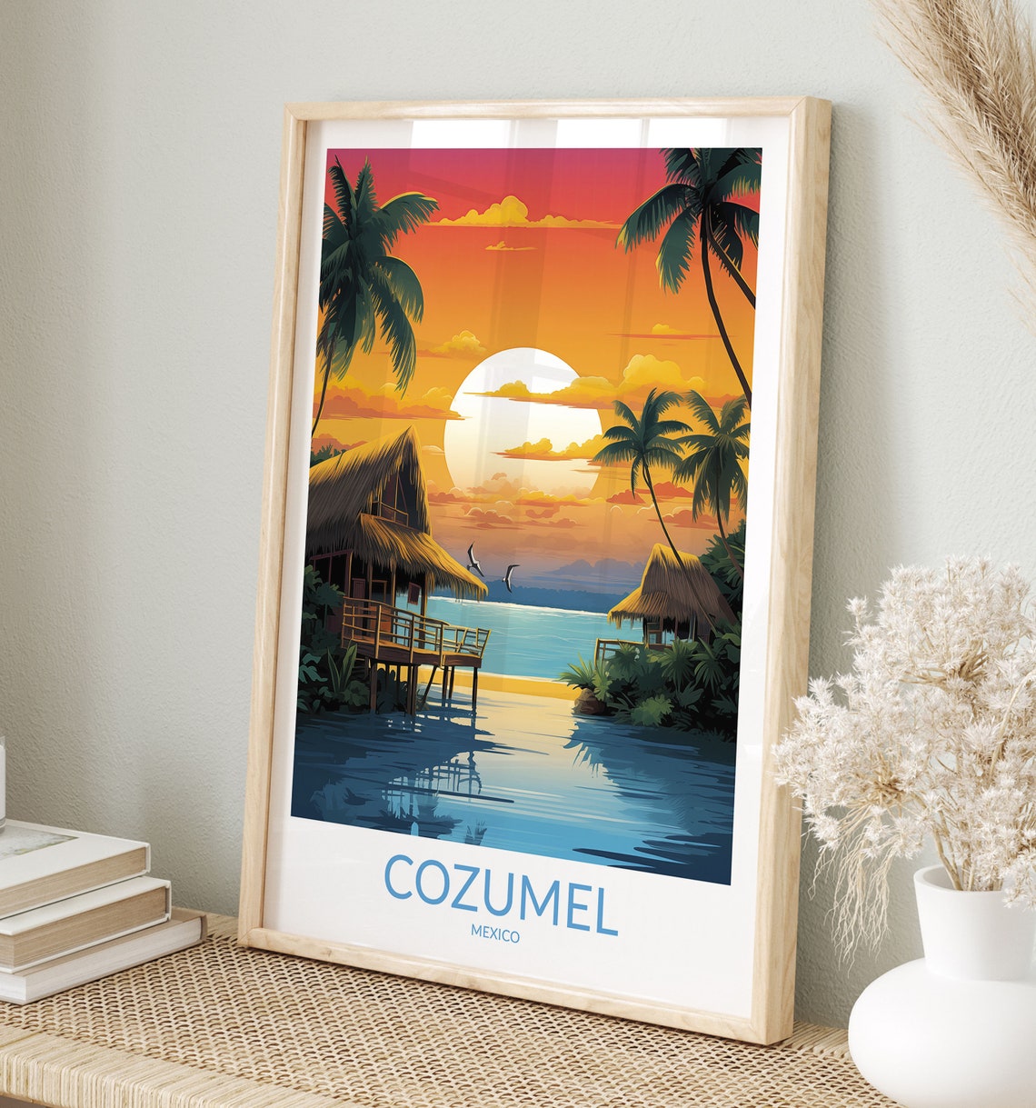 Cozumel Mexico Sunset Overwater Palapa Hut Tropical Travel Poster